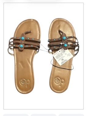 OP Brown Turquoise Stone Multi-Strap Thong Slide Sandals Women’s Size 10 NWT